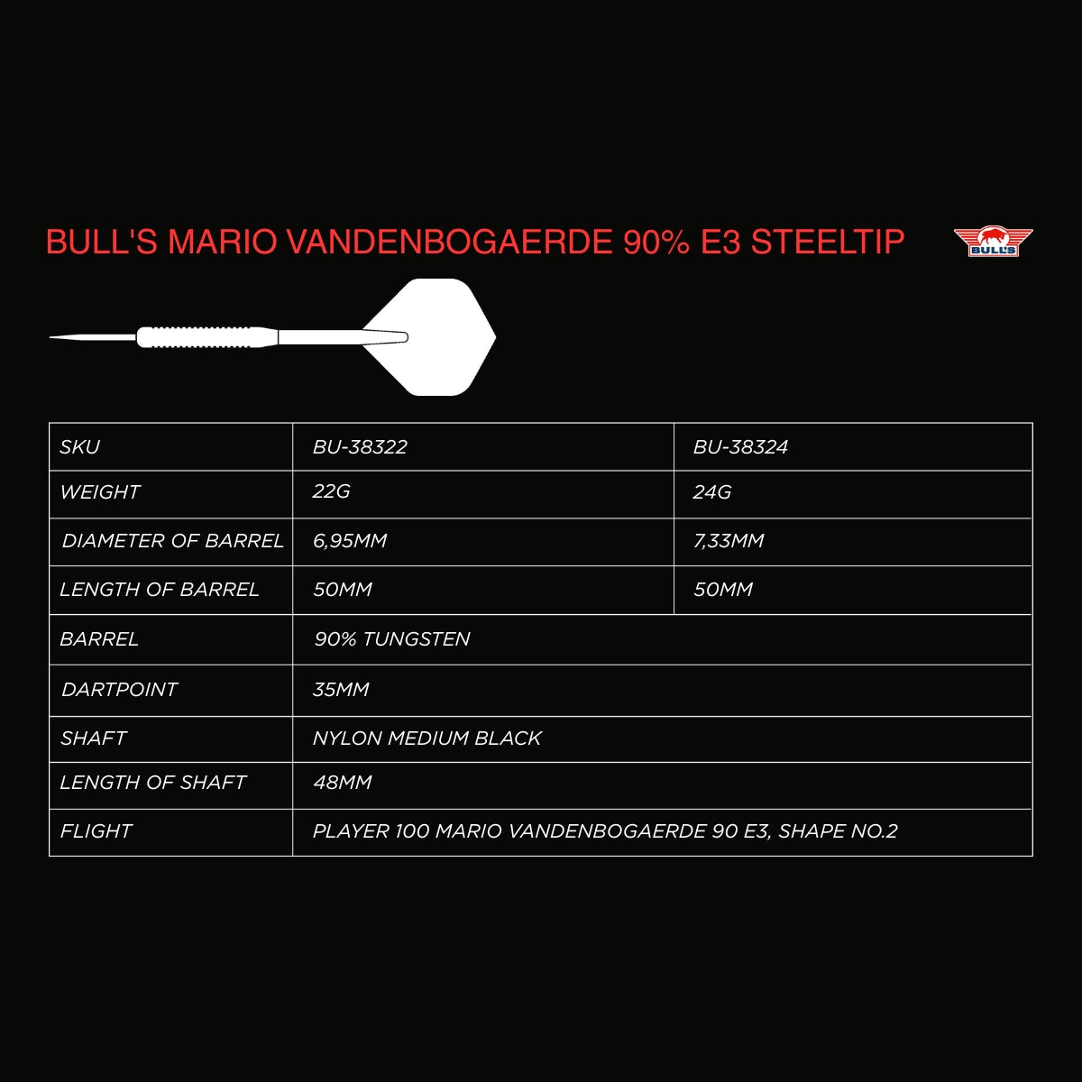 Bulls Mario Vandenbogaerde Darts - Steel Tip - 90% Tungsten - E3