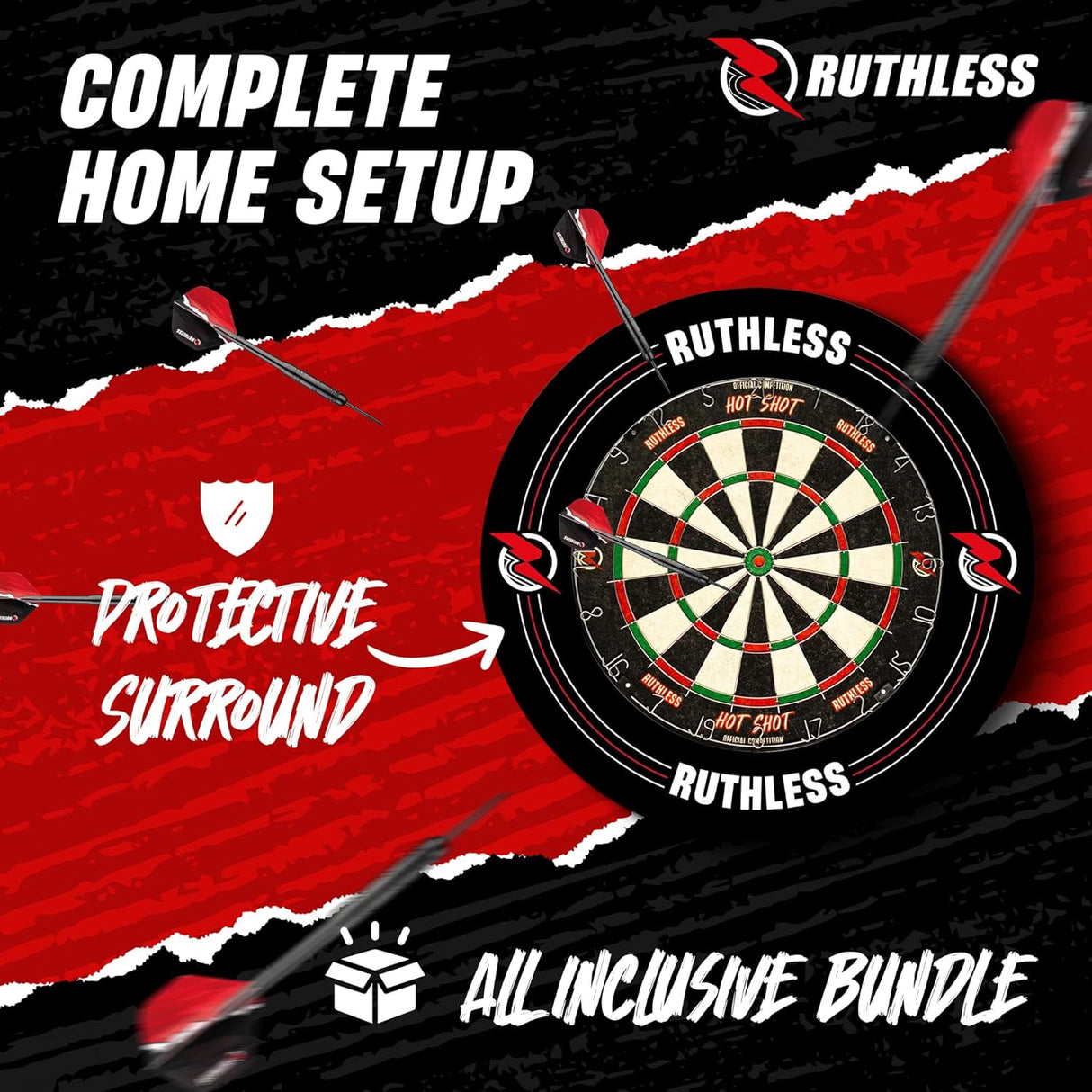 Ruthless Hotshot Home Darts Centre - HDC - inc. Dartboard, Surround and 2 sets of darts