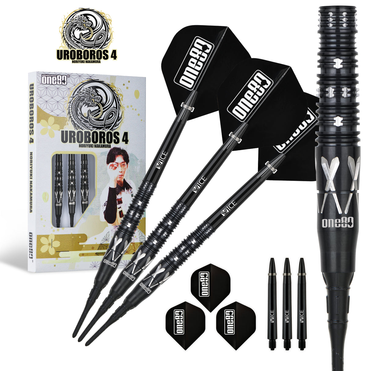 One80 Noriyuki Nakamura Darts - Soft Tip - 90% Tungsten - V4 - Black