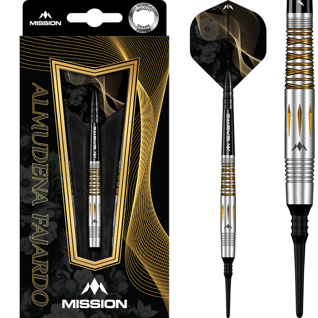*Mission Almudena Fajardo Ayuso Darts - Soft Tip - 95% Tungsten - Gold PVD Milled Silver