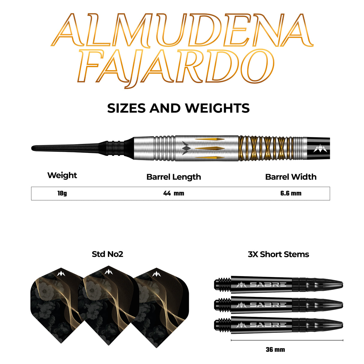 *Mission Almudena Fajardo Ayuso Darts - Soft Tip - 95% Tungsten - Gold PVD Milled Silver