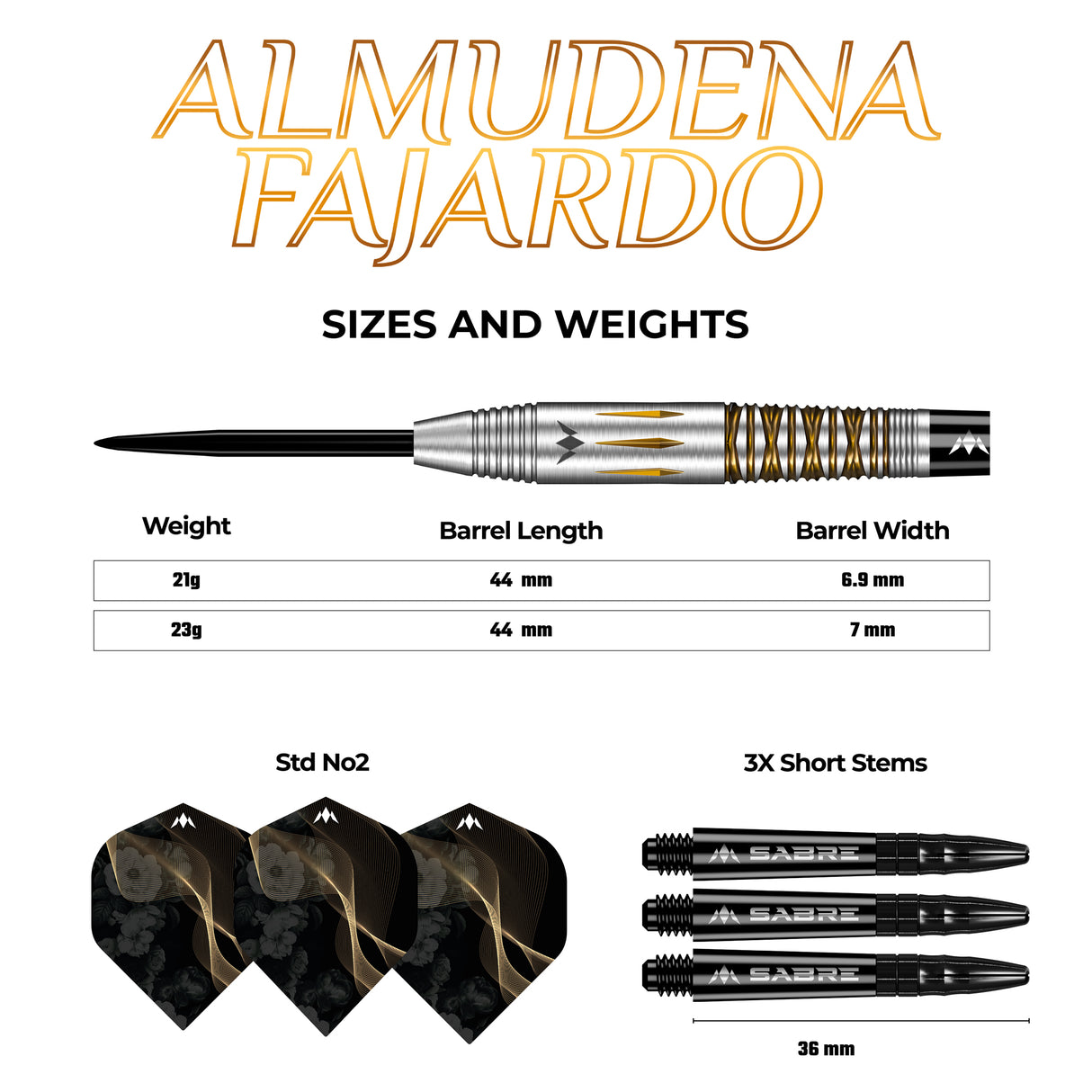 *Mission Almudena Fajardo Ayuso Darts - Steel Tip - 95% Tungsten - Gold PVD Milled Silver