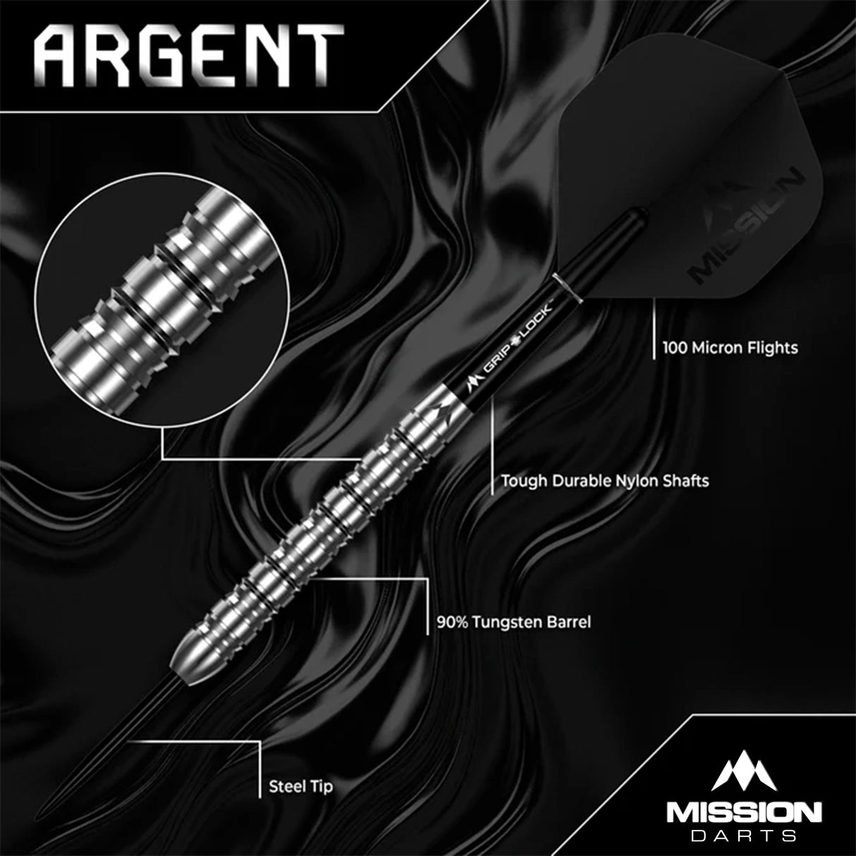 Mission Argent Darts - Steel Tip - 90% Tungsten - Silver