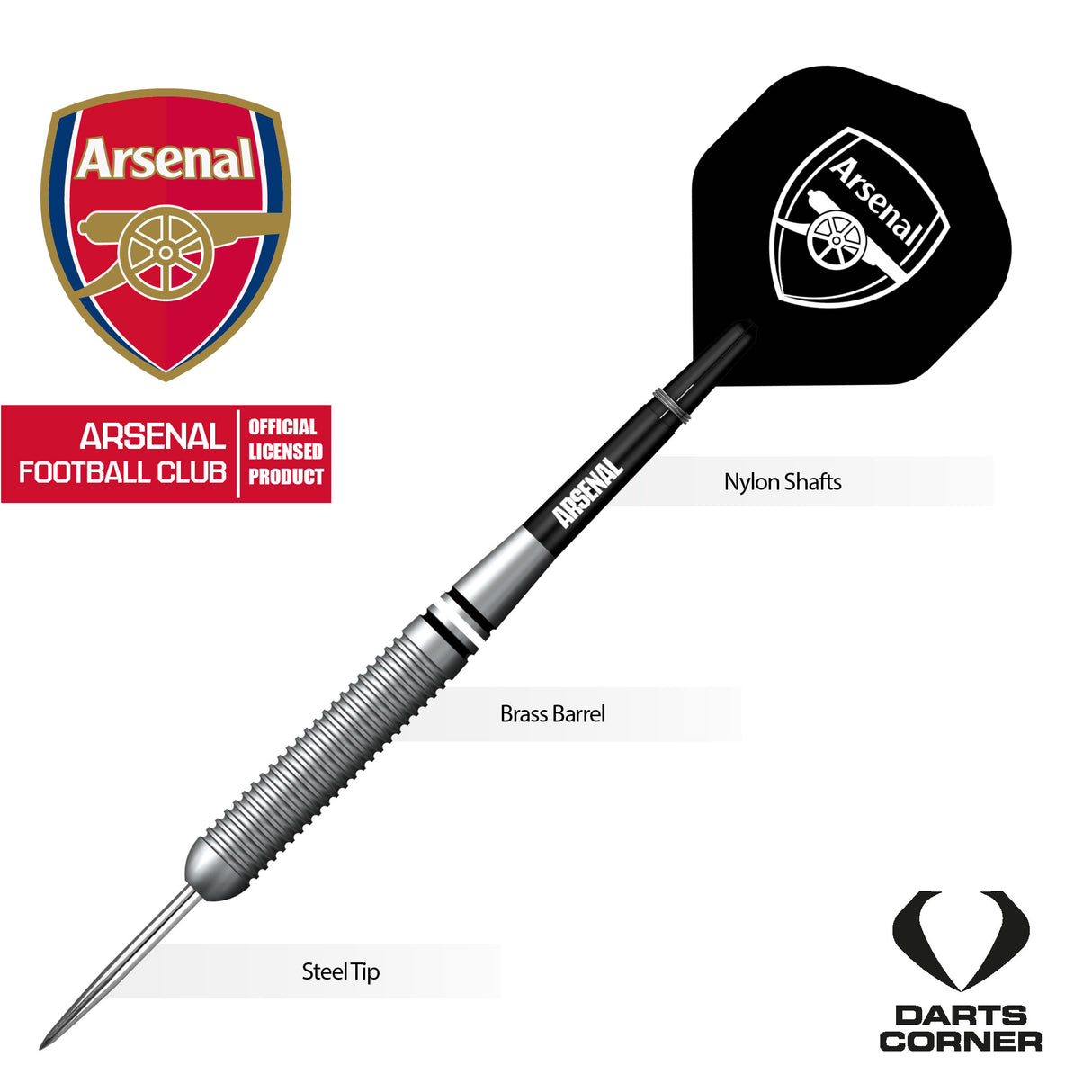 Arsenal FC Darts - Steel Tip Brass - Official Licensed - The Gunners - 22g