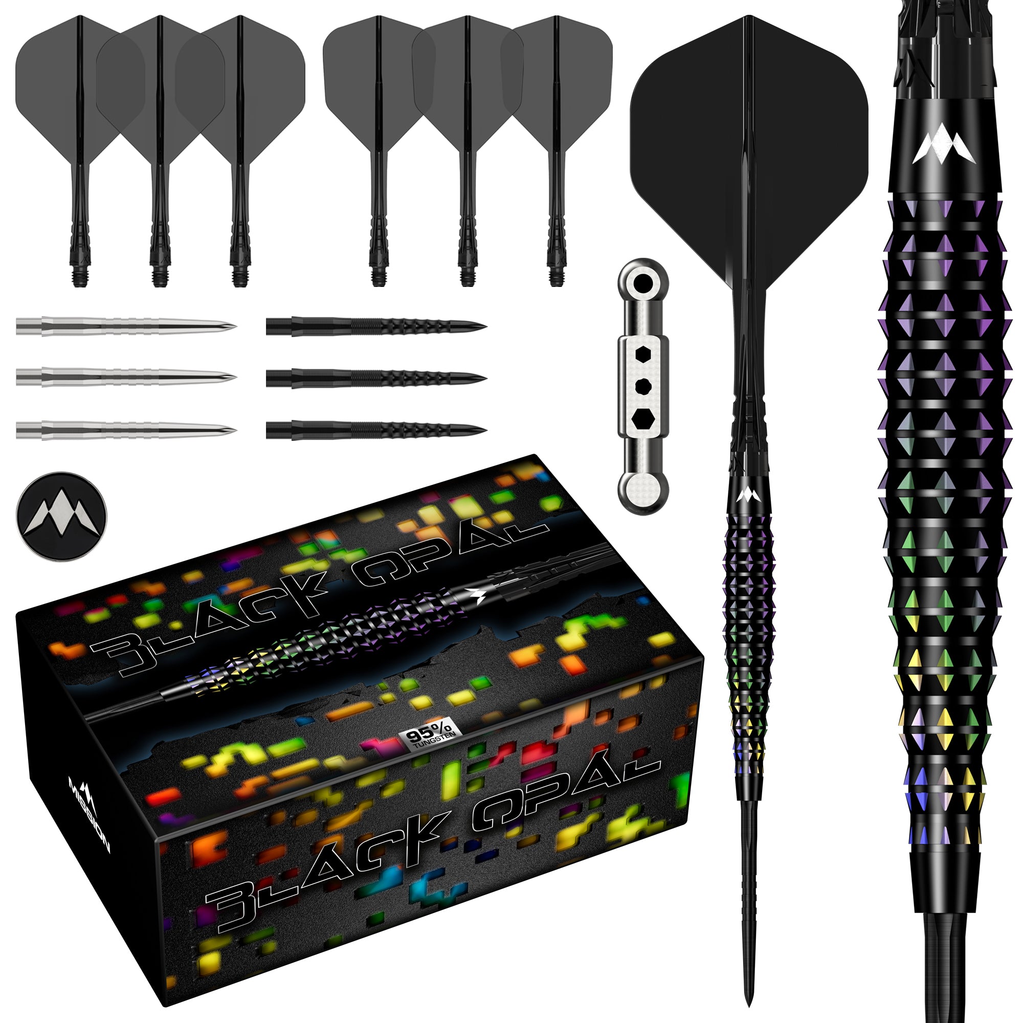 Mission Black Opal Darts - Steel Tip - 95% Tungsten - Black & Coral PV