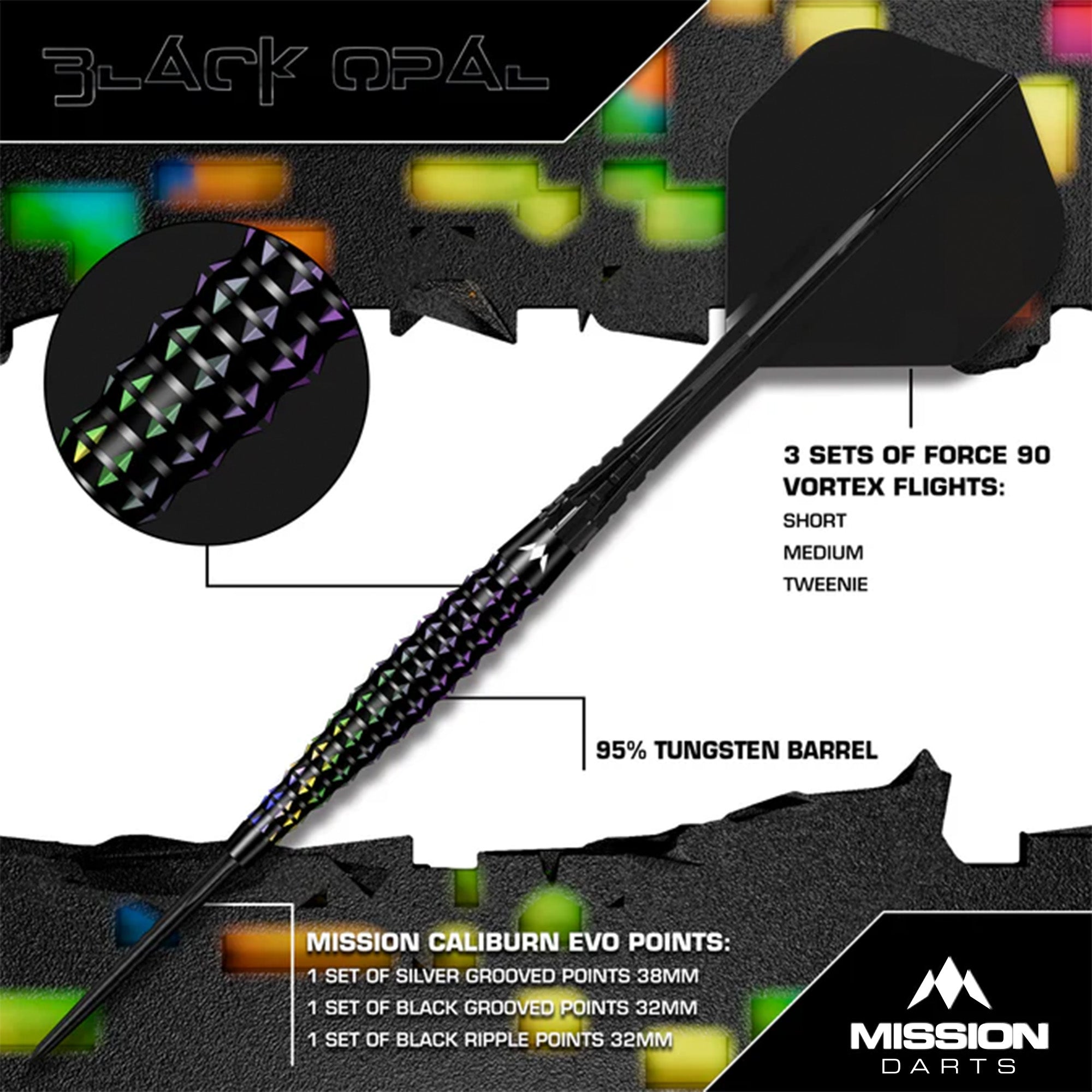 Mission Black Opal Darts - Steel Tip - 95% Tungsten - Black & Coral PV