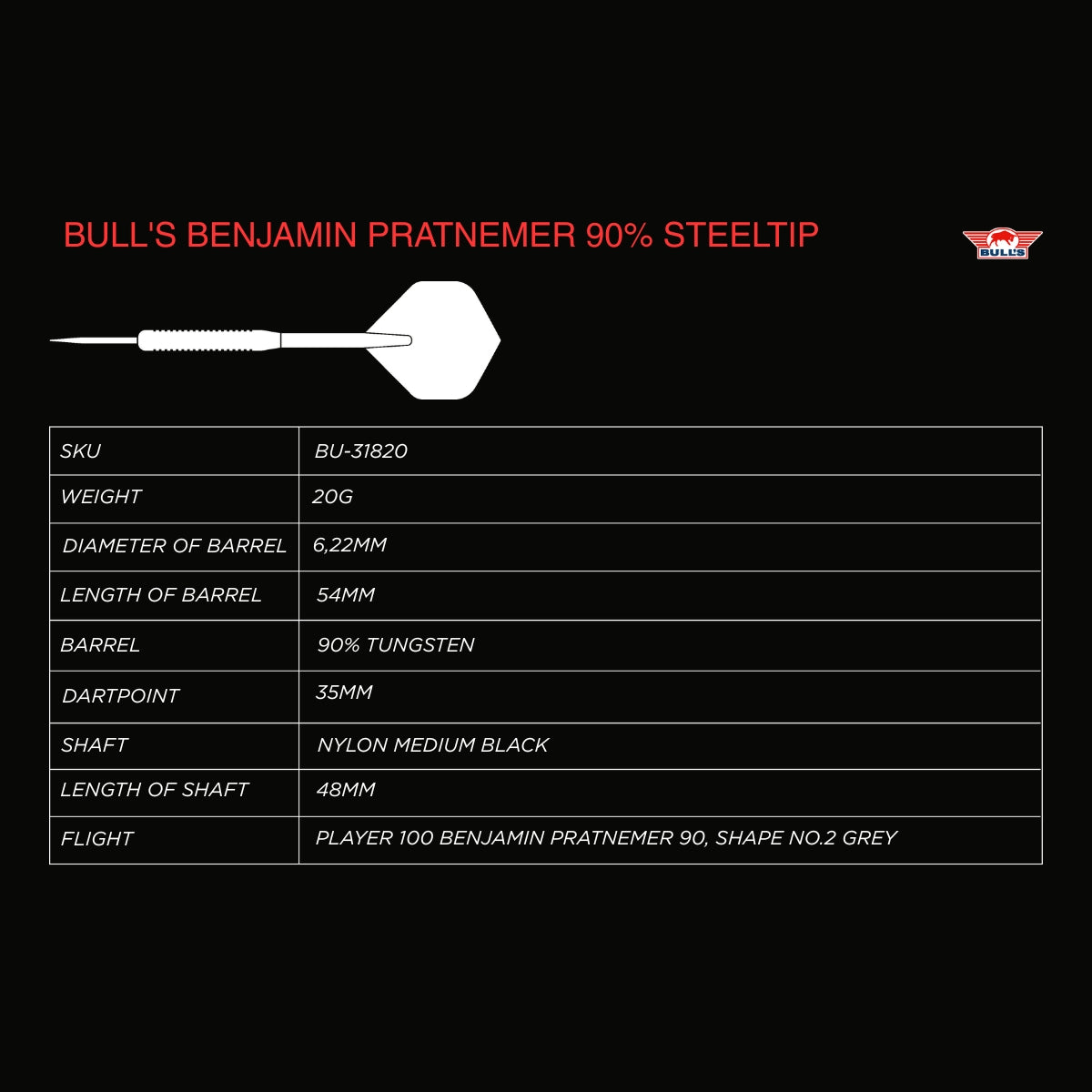 Bulls Benjamin Pratnemer Darts - Steel Tip - 90% Tungsten - 20g