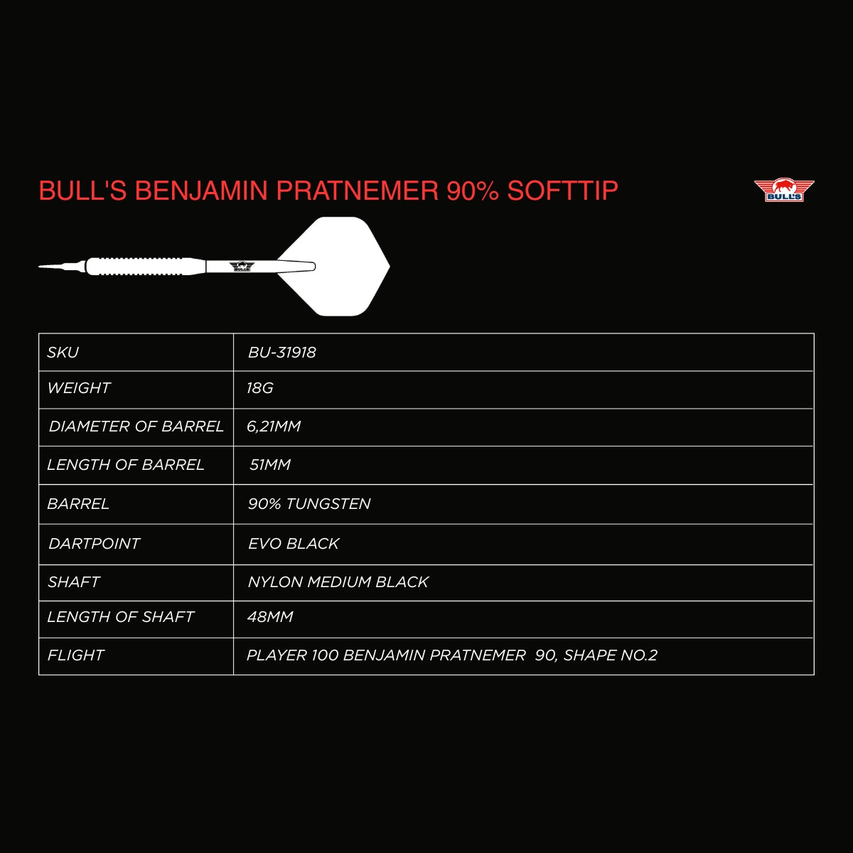 Bulls Benjamin Pratnemer Darts - Soft Tip - 90% Tungsten - 18g