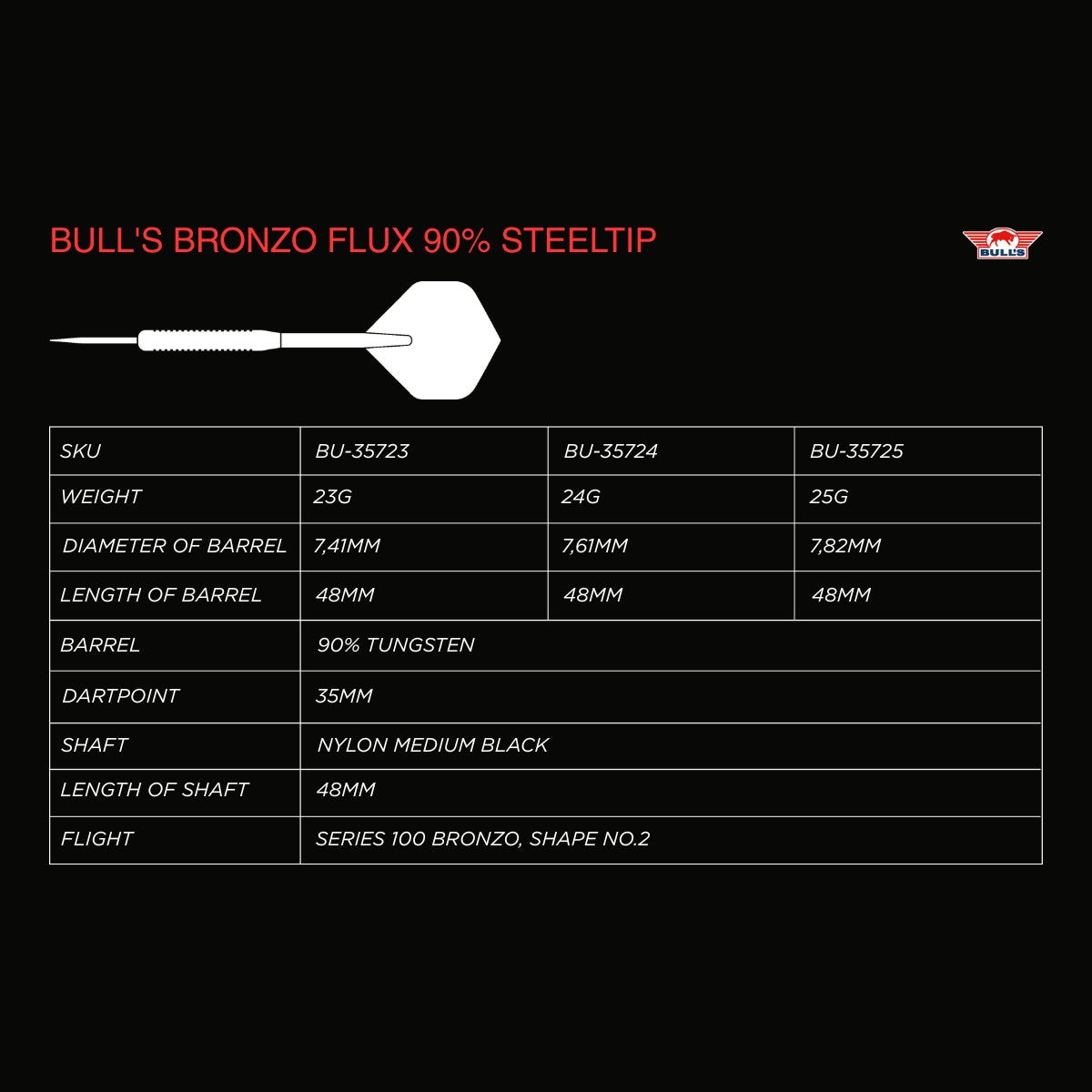 Bulls Bronzo Darts - Steel Tip - 90% Tungsten - Flux