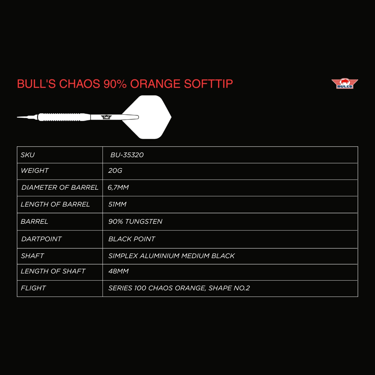 Bulls Chaos Darts - Soft Tip - 90% Tungsten - Orange