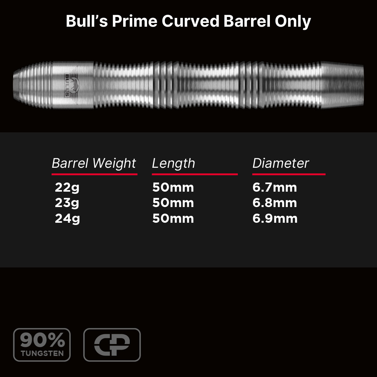 Bulls Prime CP Darts - Steel Tip - 90% Tungsten - Barrels Only - Curved