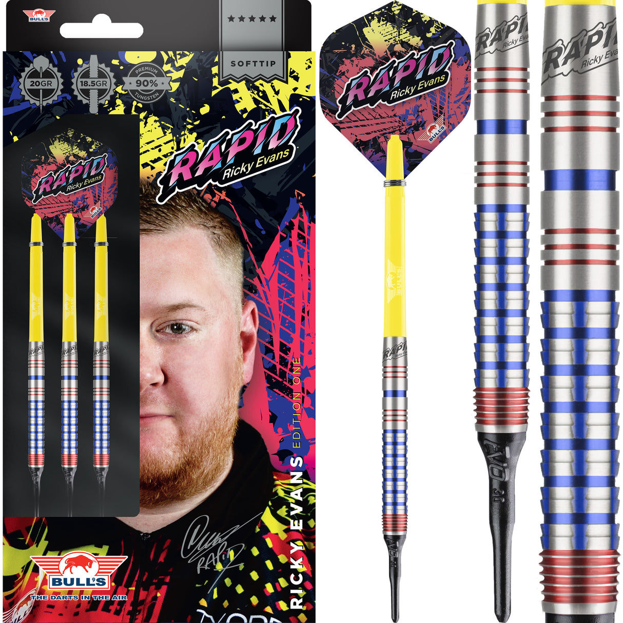 Bulls Ricky Evans Darts - Soft Tip - 90% - Rapid - Red & Blue