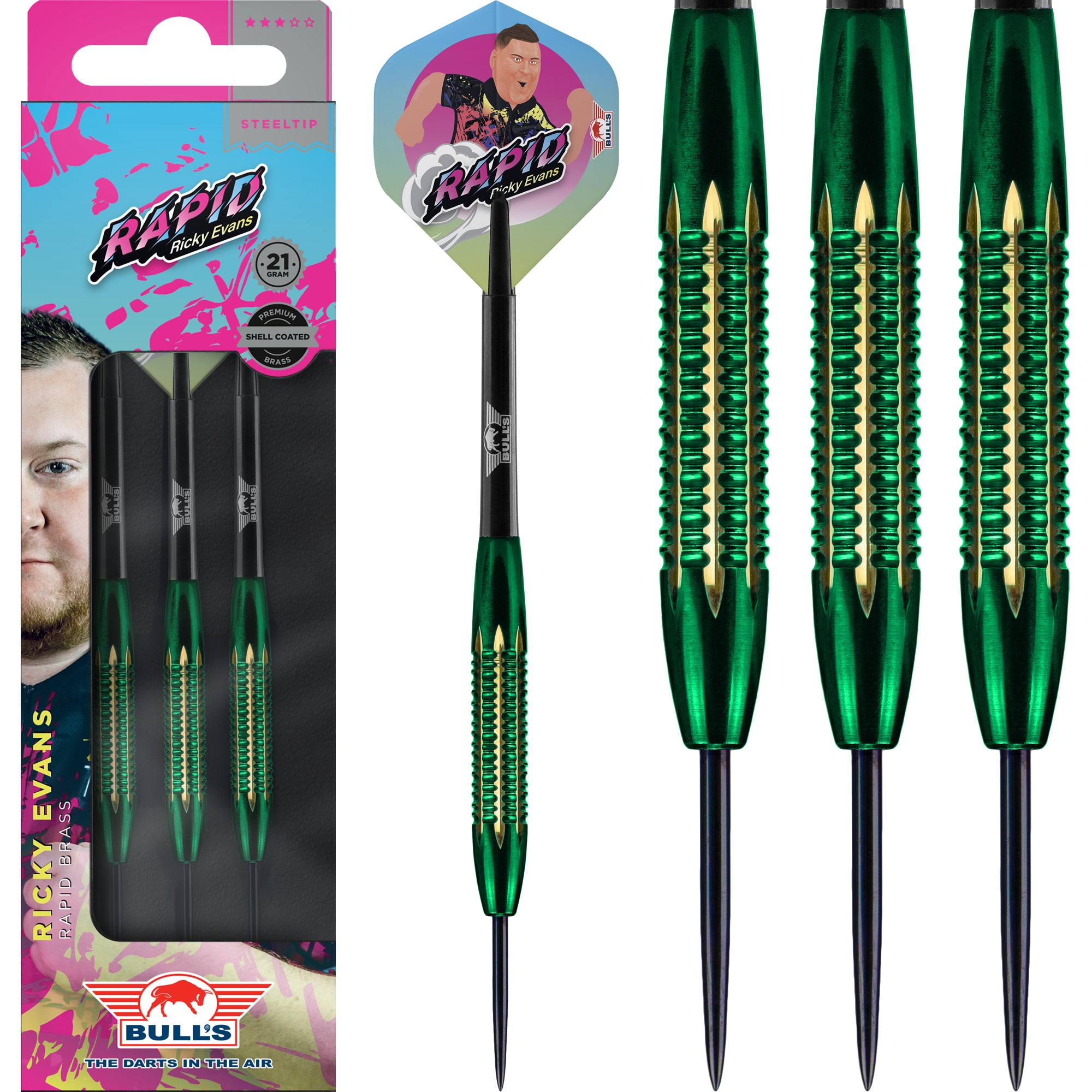 Bulls Ricky Evans Darts Steel Tip Shell Coated Brass Rapid Gre