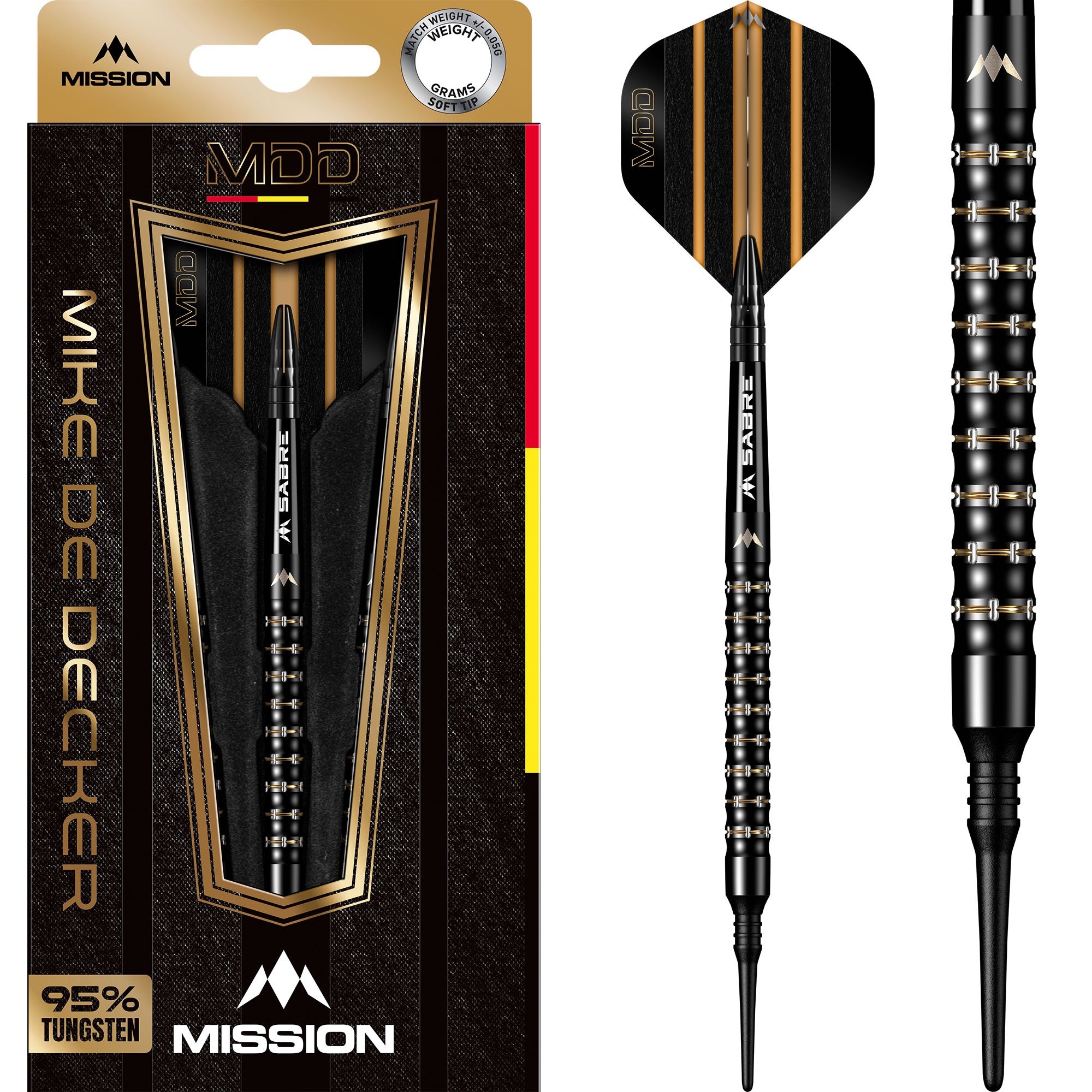 Mission Mike De Decker Darts - Soft Tip - 95% Tungsten - Black & Gold