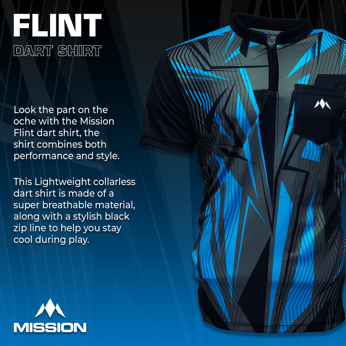 Mission Darts Flint Dart Shirt - Collarless - Lightweight - Black & Blue
