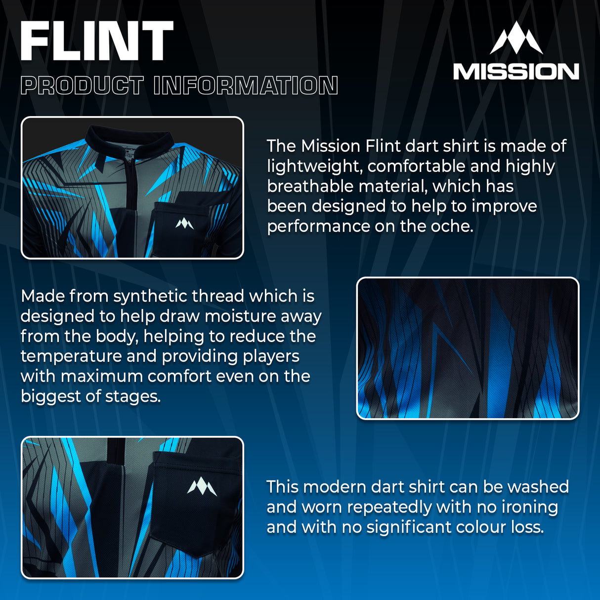 Mission Darts Flint Dart Shirt - Collarless - Lightweight - Black & Blue