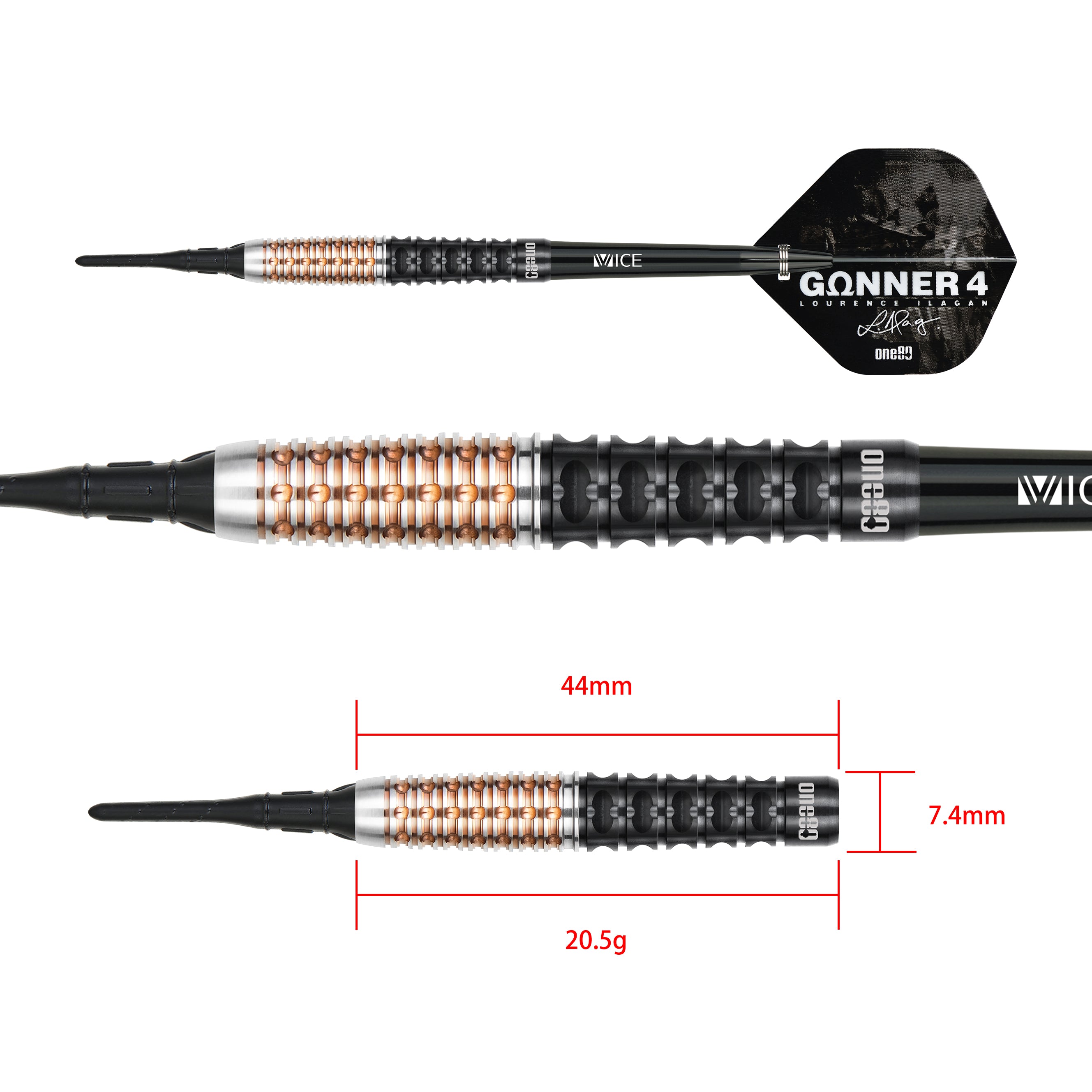 One80 Lourence Ilagan Darts - Soft Tip - 90% Tungsten - Rose Gold - 20