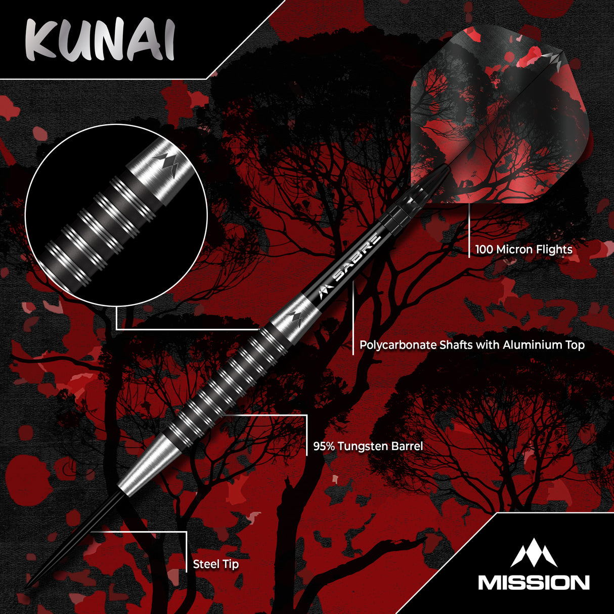 Mission Kunai Darts - Steel Tip - 95% Tungsten - Black PVD