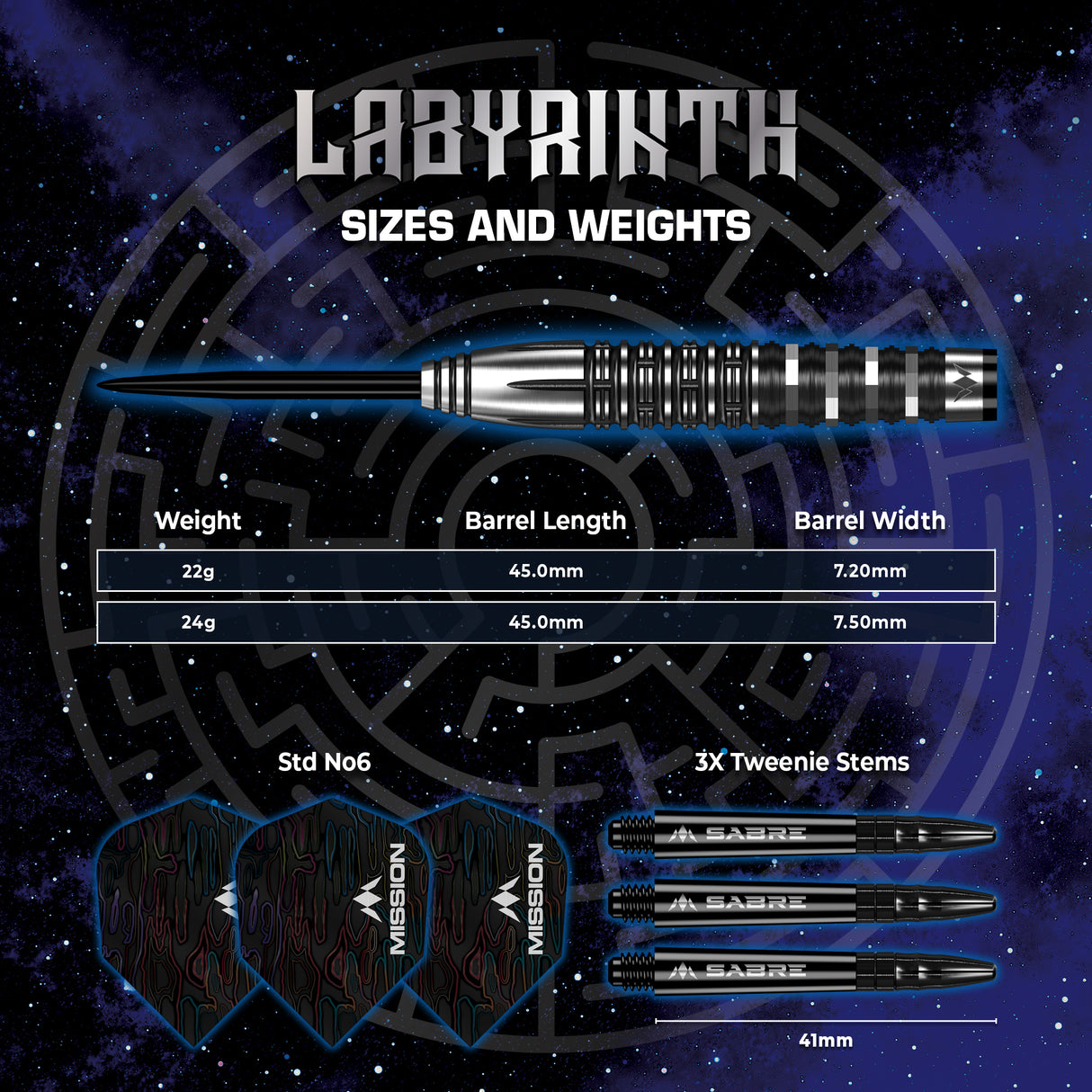 Mission Labyrinth Darts - Steel Tip - 90% Tungsten - Black PVD