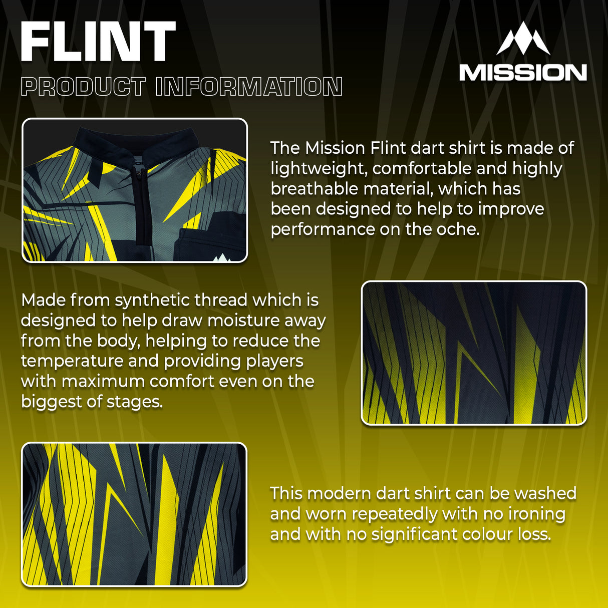 Mission Darts Flint Dart Shirt - Collarless - Lightweight - Black & Yellow