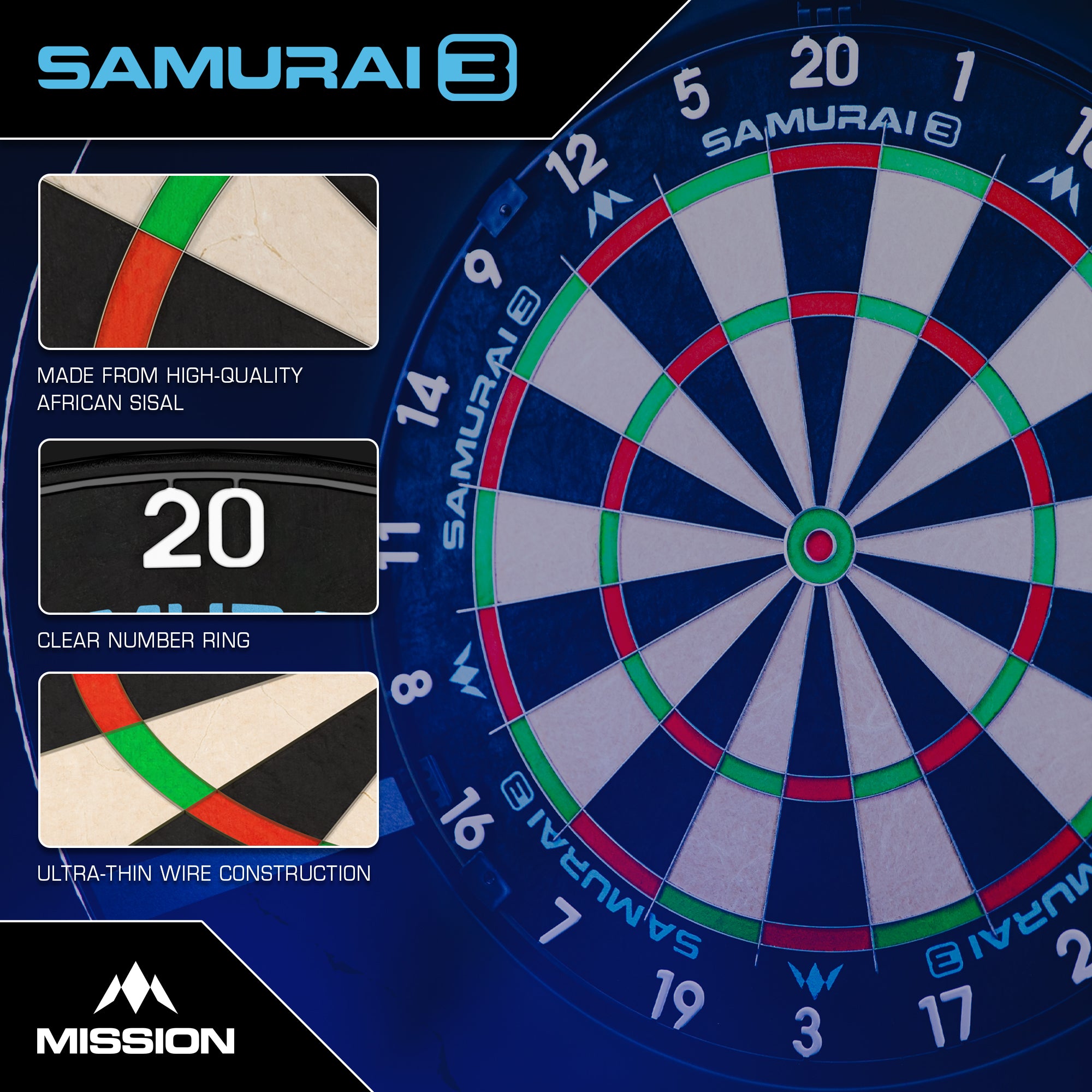Mission Samurai 3 Dartboard - Professional - Knife Wire - Black Number