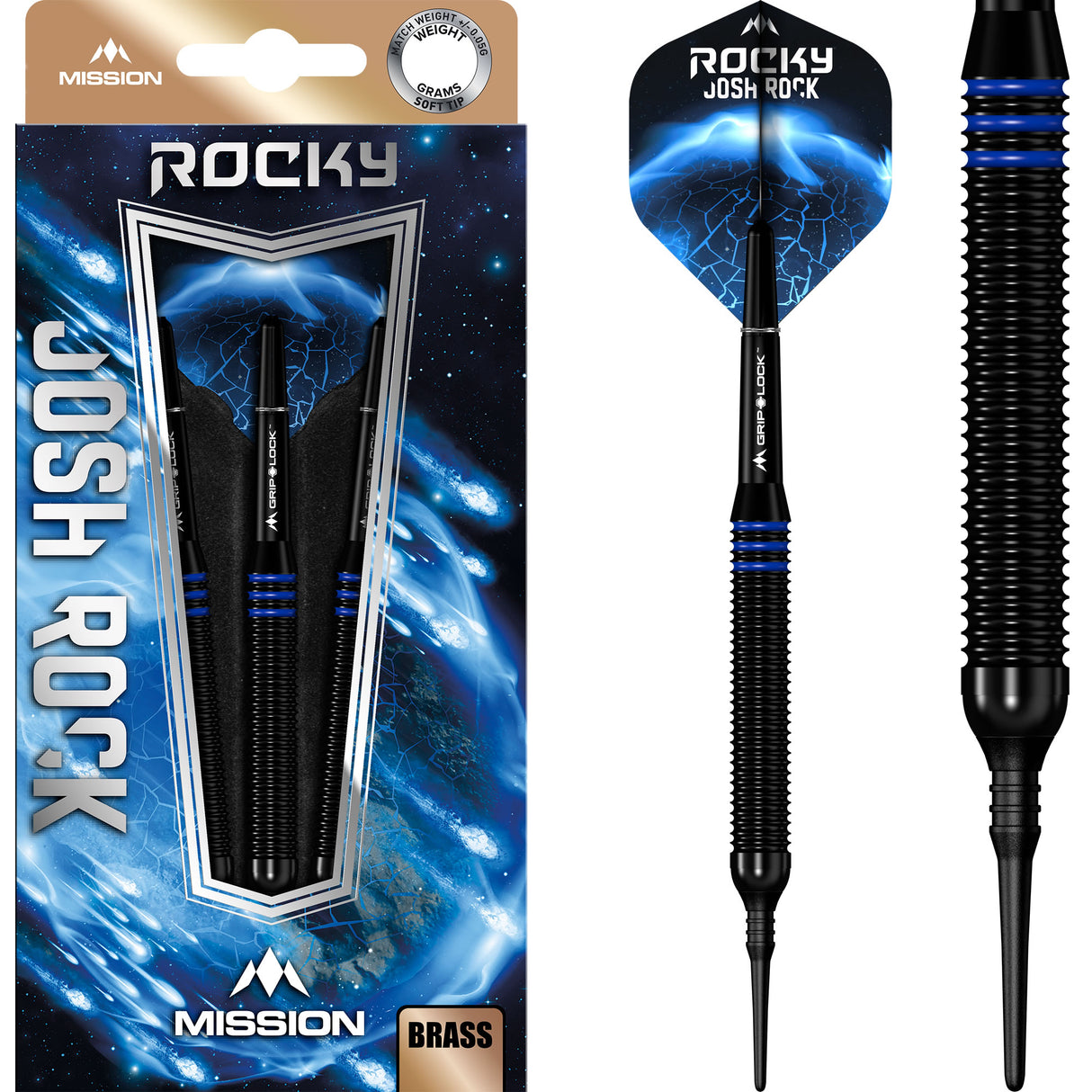 *Mission Josh Rock Darts - Soft Tip - Brass - Rocky - Black & Blue