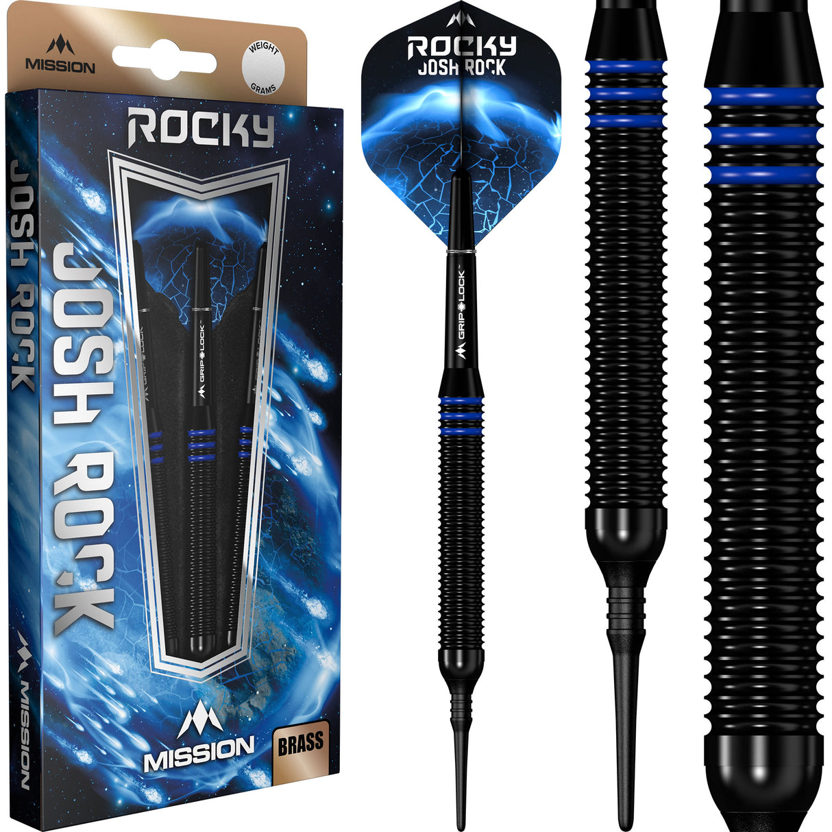 *Mission Josh Rock Darts - Soft Tip - Brass - Rocky - Black & Blue