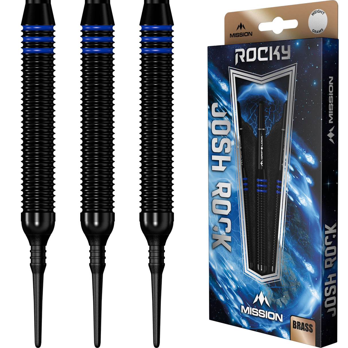 *Mission Josh Rock Darts - Soft Tip - Brass - Rocky - Black & Blue