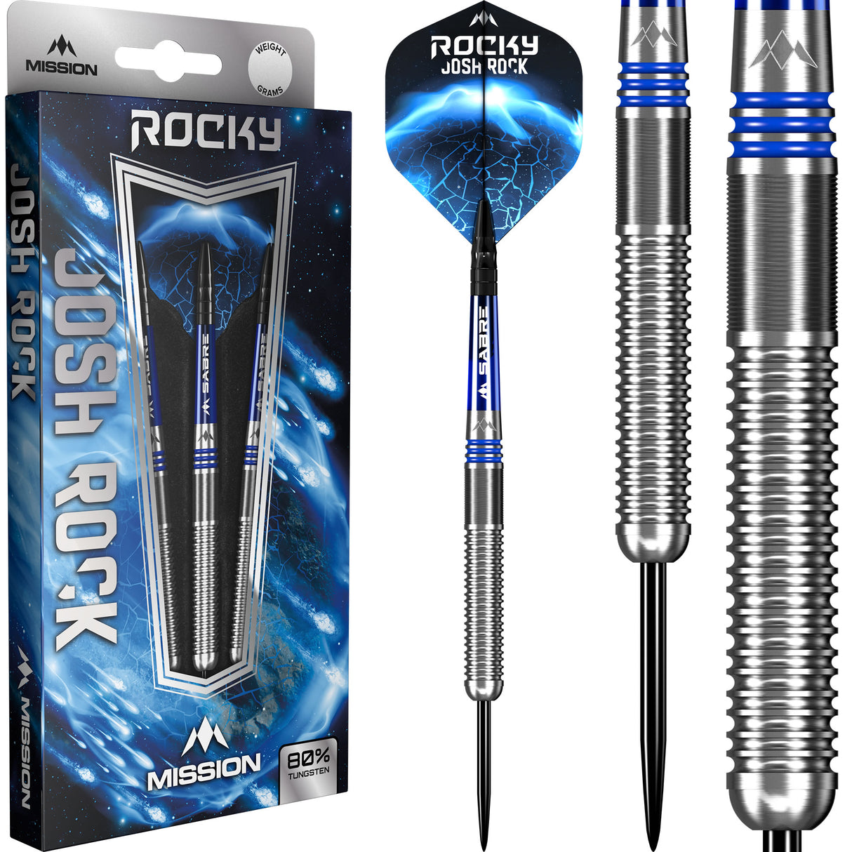 Mission Josh Rock Darts - Steel Tip - 80% - Rocky - Silver & Blue