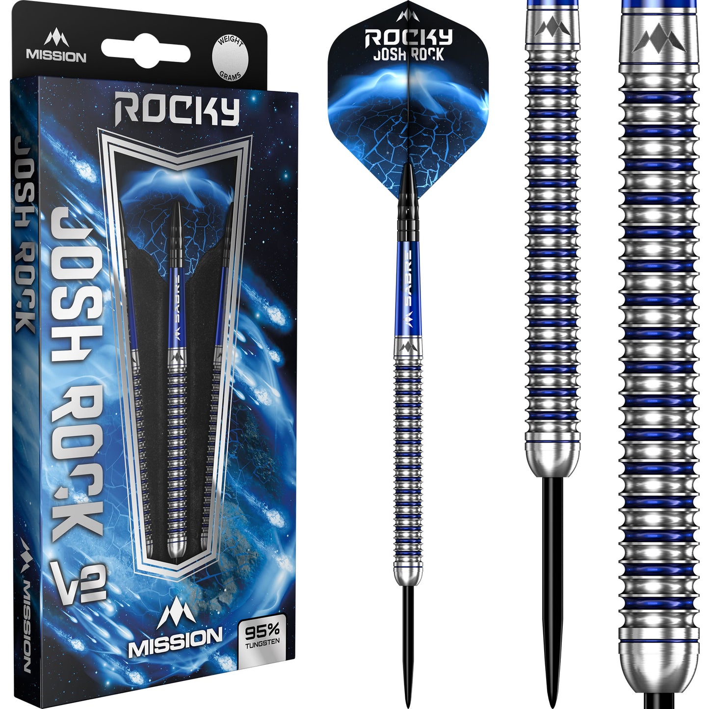 Mission Josh Rock Darts v2 Steel Tip 95 Rocky Silver & Blue P