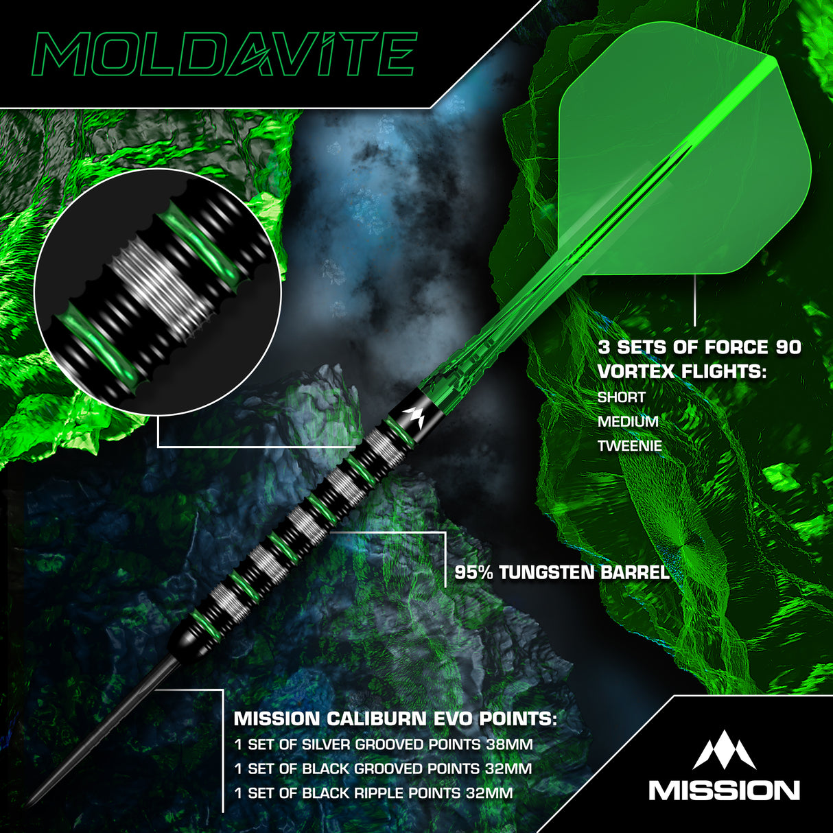 Mission Moldavite Darts - Steel Tip - 95% Tungsten - Black & Green