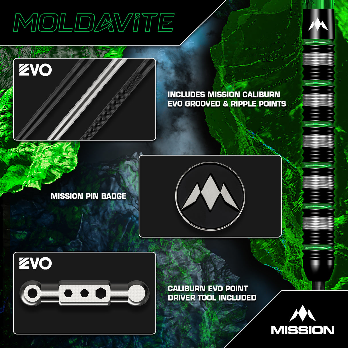 Mission Moldavite Darts - Steel Tip - 95% Tungsten - Black & Green