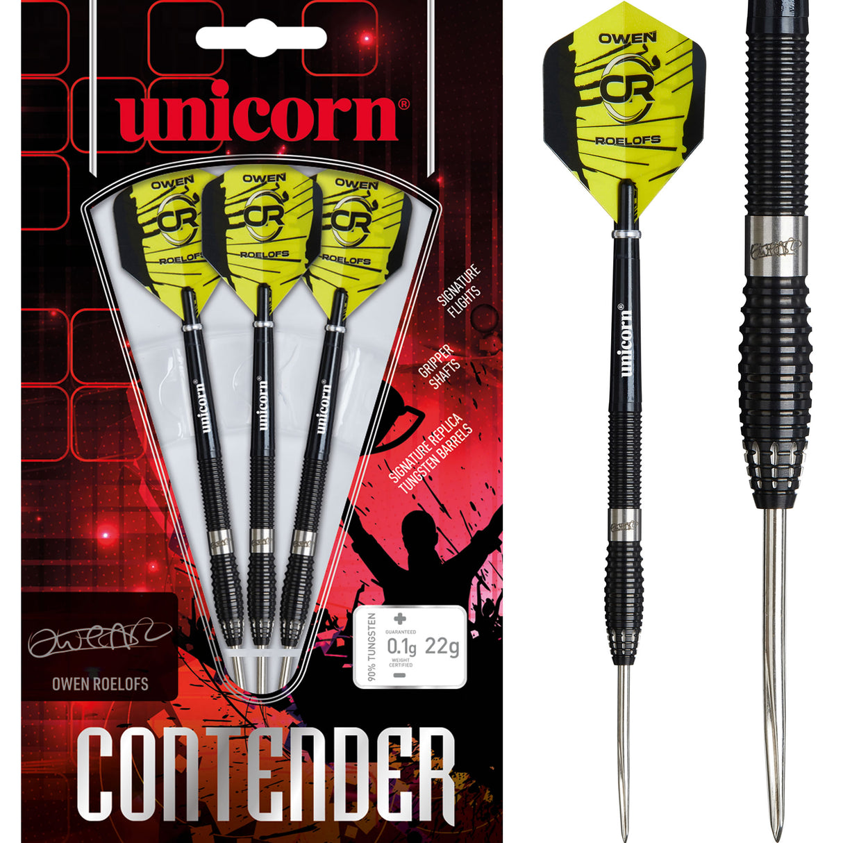Unicorn Contender Darts - Steel Tip - 90% Tungsten - Owen Roelofs - 22g