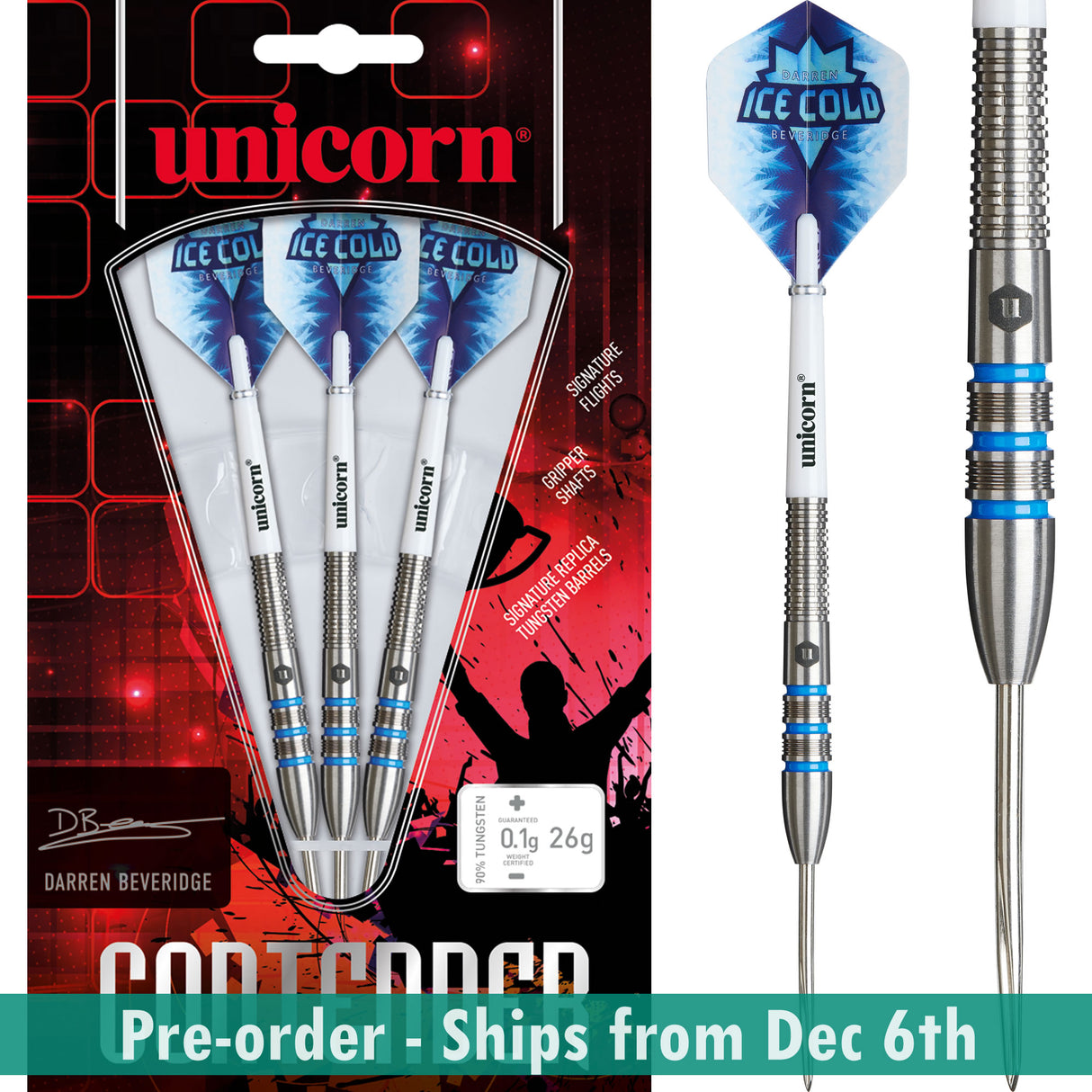 Unicorn Contender Darts - Steel Tip - 90% Tungsten - Darren Beveridge - 26g