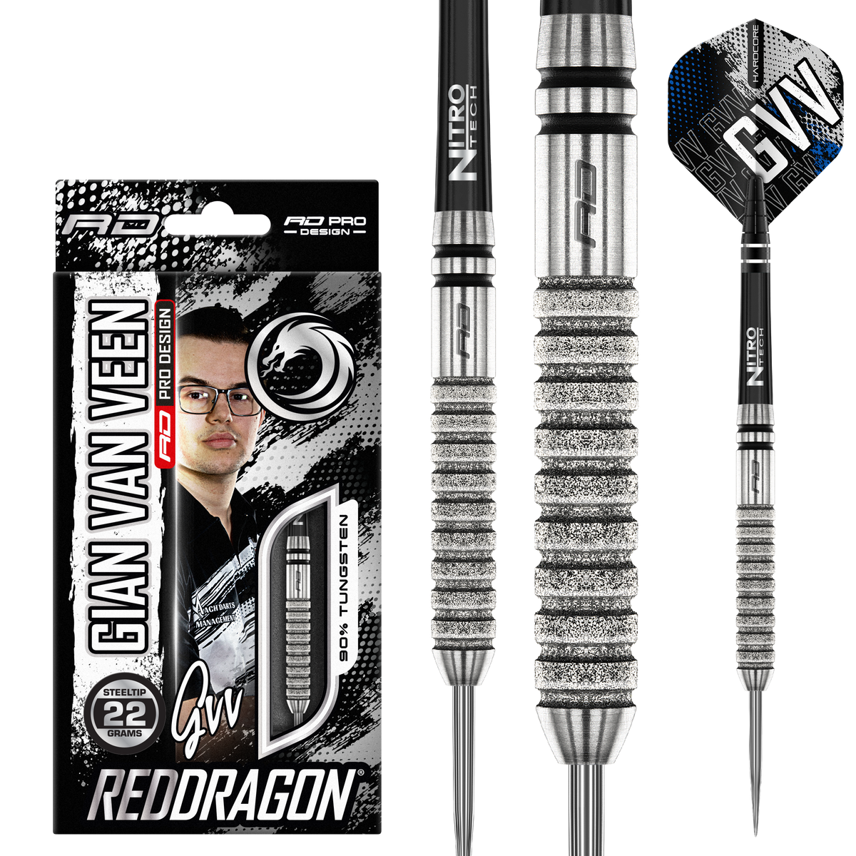 Red Dragon Gian van Veen Darts - Steel Tip - 90% Tungsten - Diamond