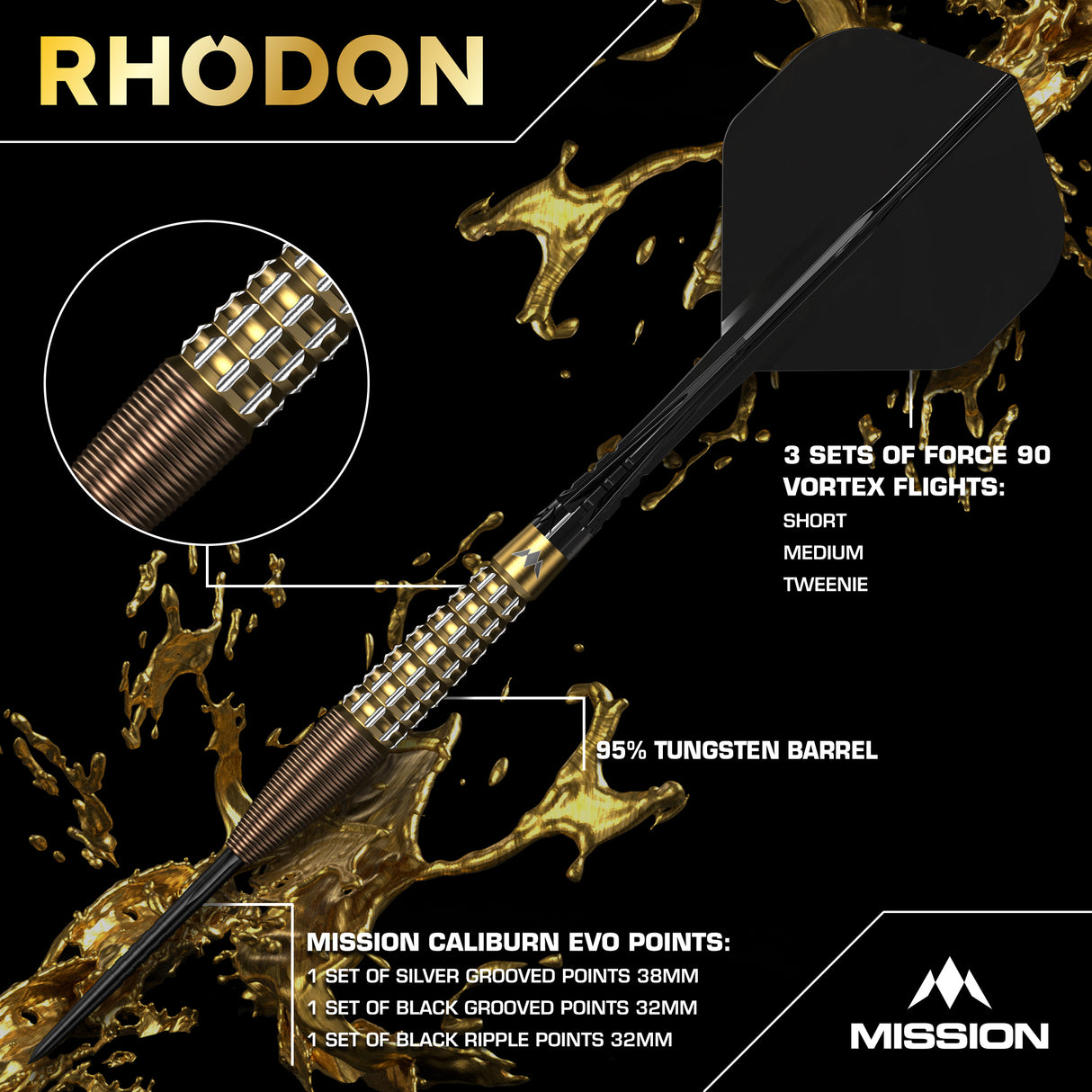 Mission Rhodon Darts - Steel Tip - 95% Tungsten - Bronze & Gold PVD