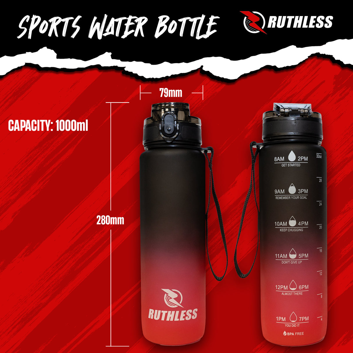 Ruthless Sports Bottle - 1000ml - BPA Free - Black & Red