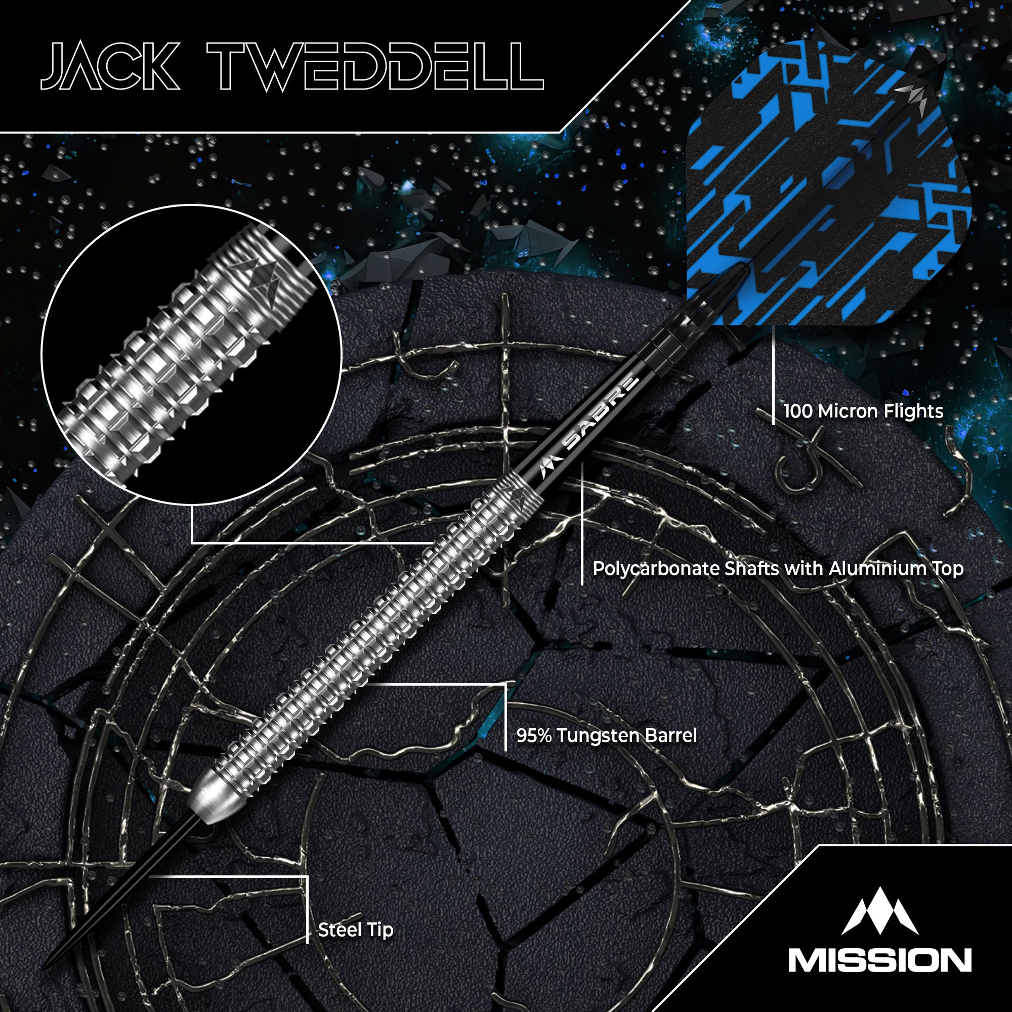 Mission Jack Tweddell Darts - Steel Tip - 95% Tungsten - Silver