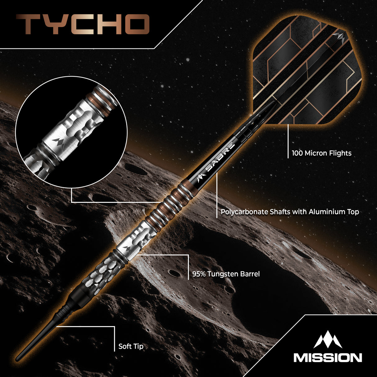 Mission Tycho Darts - Soft Tip - 95% Tungsten - Black & Bronze PVD - 20g