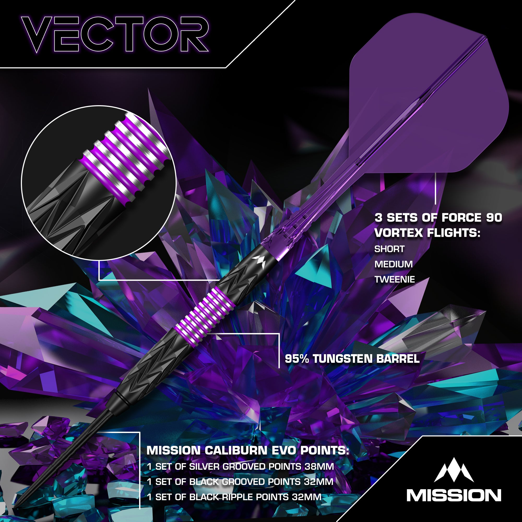 Mission Vector Darts - Steel Tip - 95% Tungsten - Black PVD & Purple E