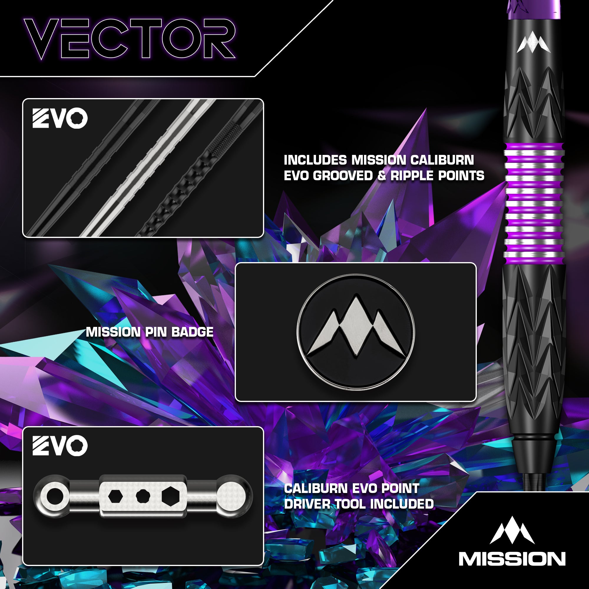Mission Vector Darts - Steel Tip - 95% Tungsten - Black PVD & Purple E