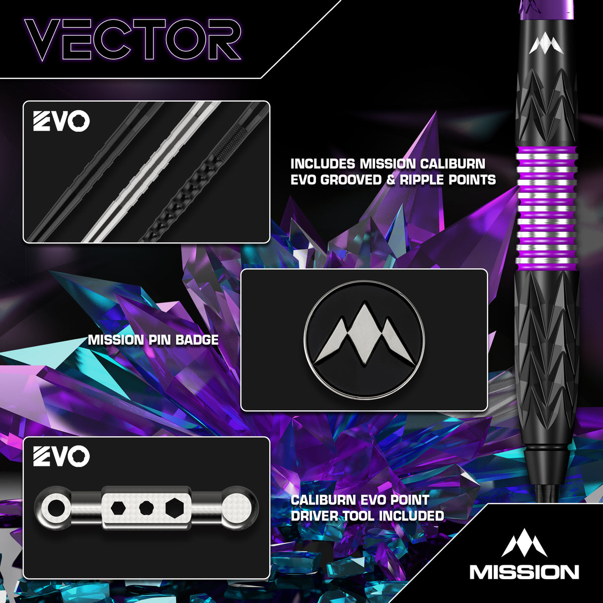 Mission Vector Darts - Steel Tip - 95% Tungsten - Black PVD & Purple Electro