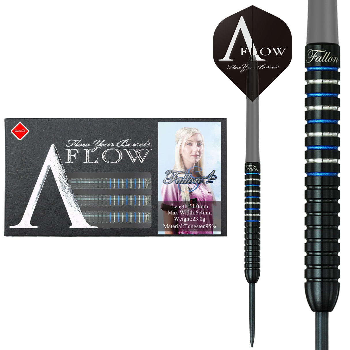 Dynasty - A Flow - Steel Tip Darts - Black Line - Fallon Sherrock - Blue Ring - Fallon 4S - 23g