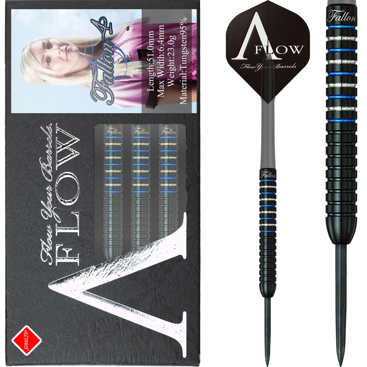 Dynasty - A Flow - Steel Tip Darts - Black Line - Fallon Sherrock - Blue Ring - Fallon 4S - 23g