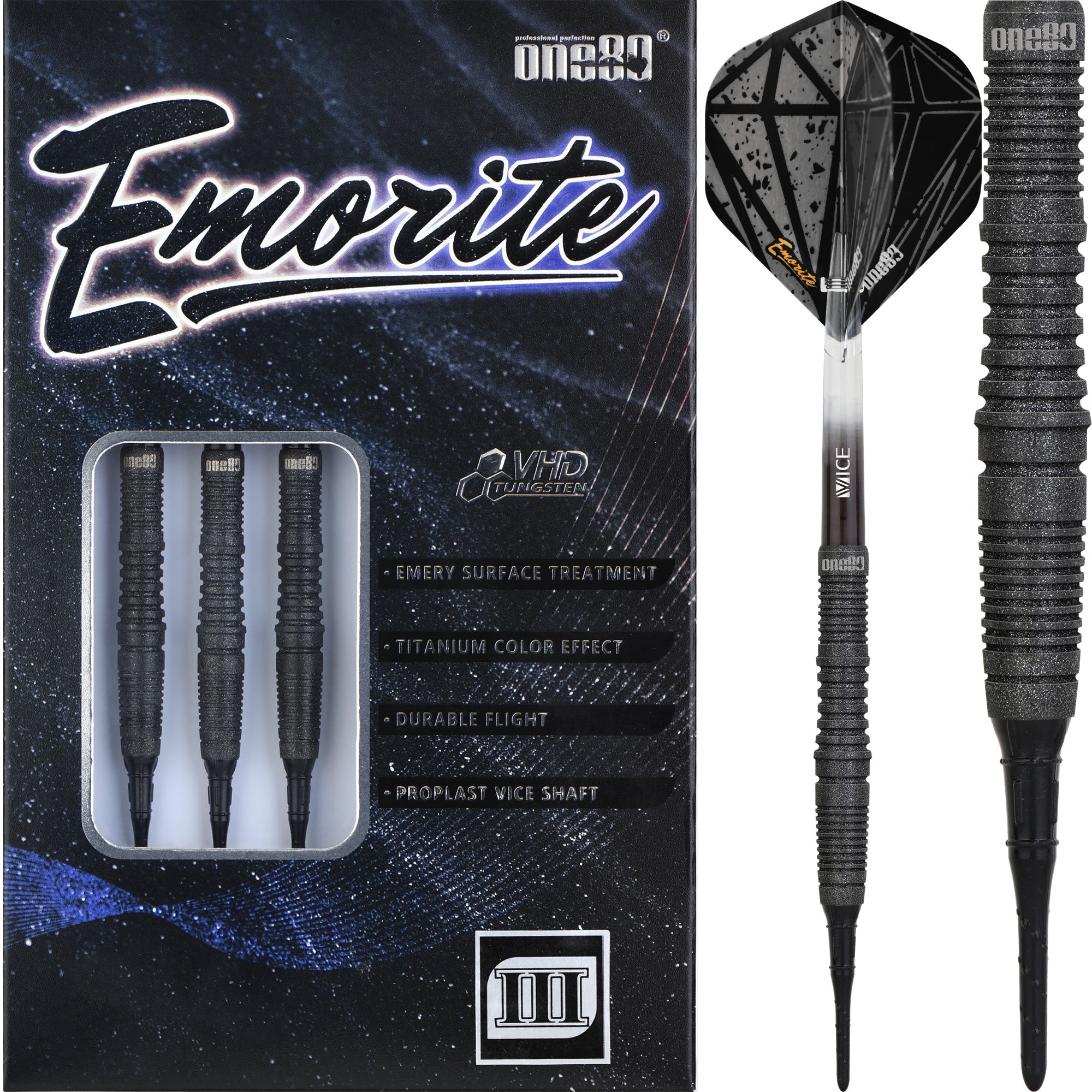 One80 Emorite 03 Darts - Soft Tip - 90% Tungsten - Black