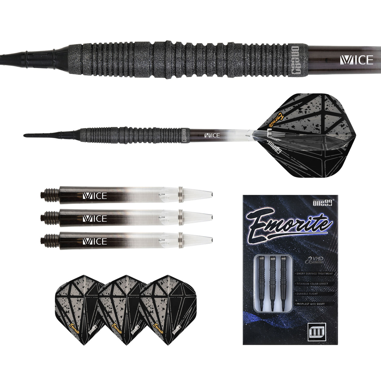 One80 Emorite 03 Darts - Soft Tip - 90% Tungsten - Black