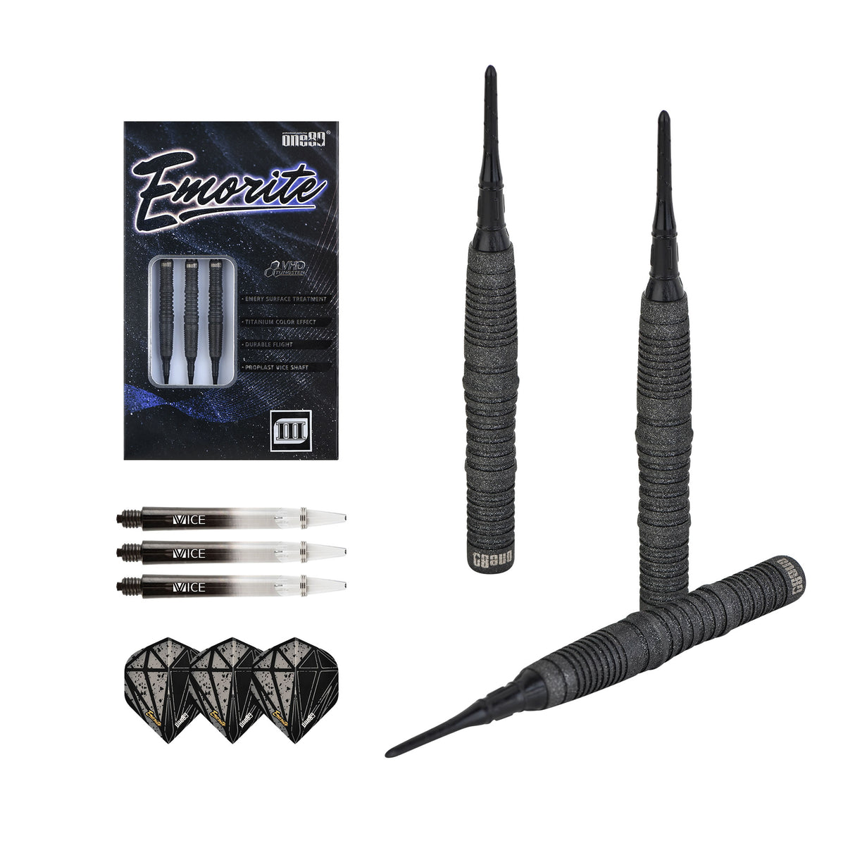 One80 Emorite 03 Darts - Soft Tip - 90% Tungsten - Black