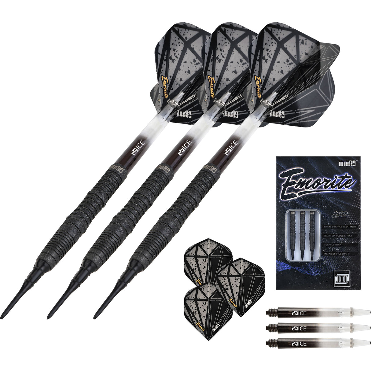 One80 Emorite 03 Darts - Soft Tip - 90% Tungsten - Black