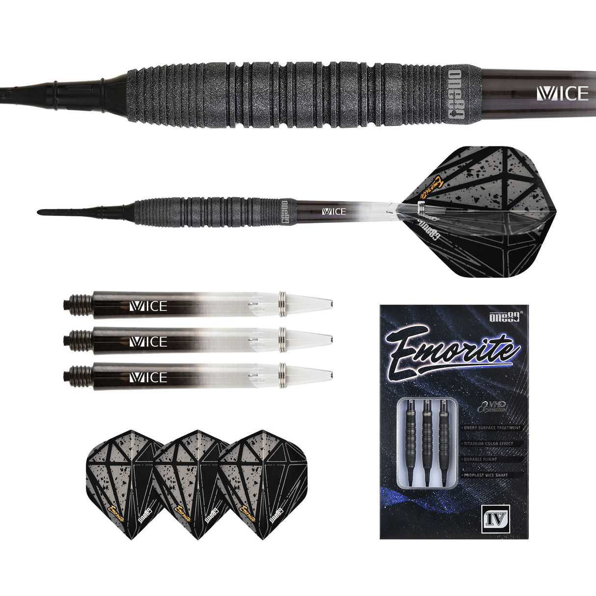 One80 Emorite 04 Darts - Soft Tip - 90% Tungsten - Black