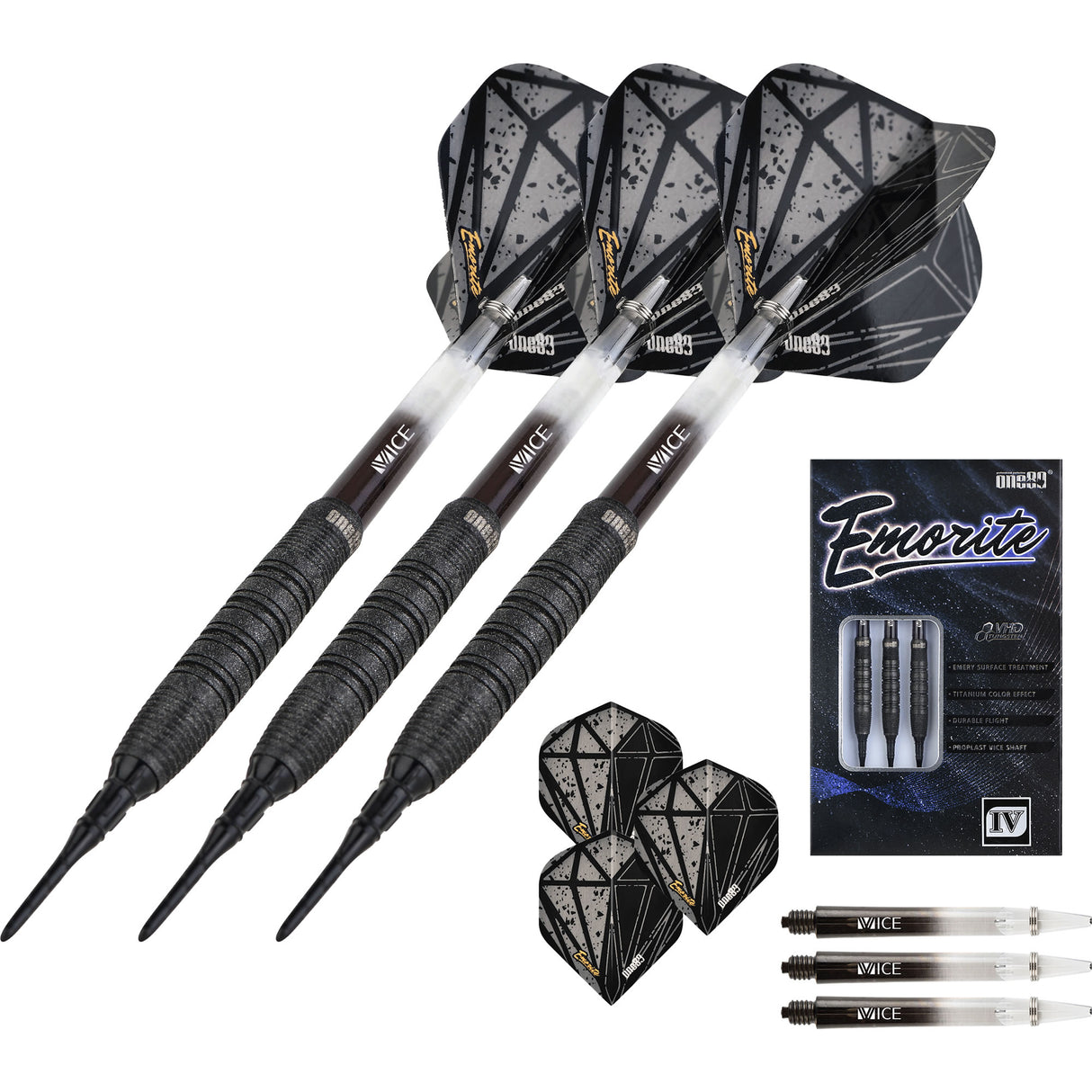 One80 Emorite 04 Darts - Soft Tip - 90% Tungsten - Black